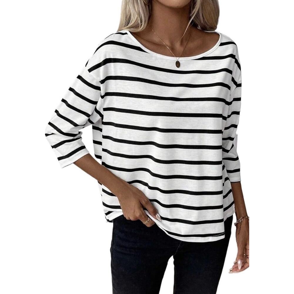 Women Spring/Summer Striped Drop Shoulder T Shirt Tops S